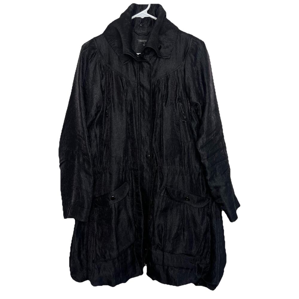 Samuel Dong Black Bubble Satin Jacket Coat Small Zip Front Lagenlook Cocktail